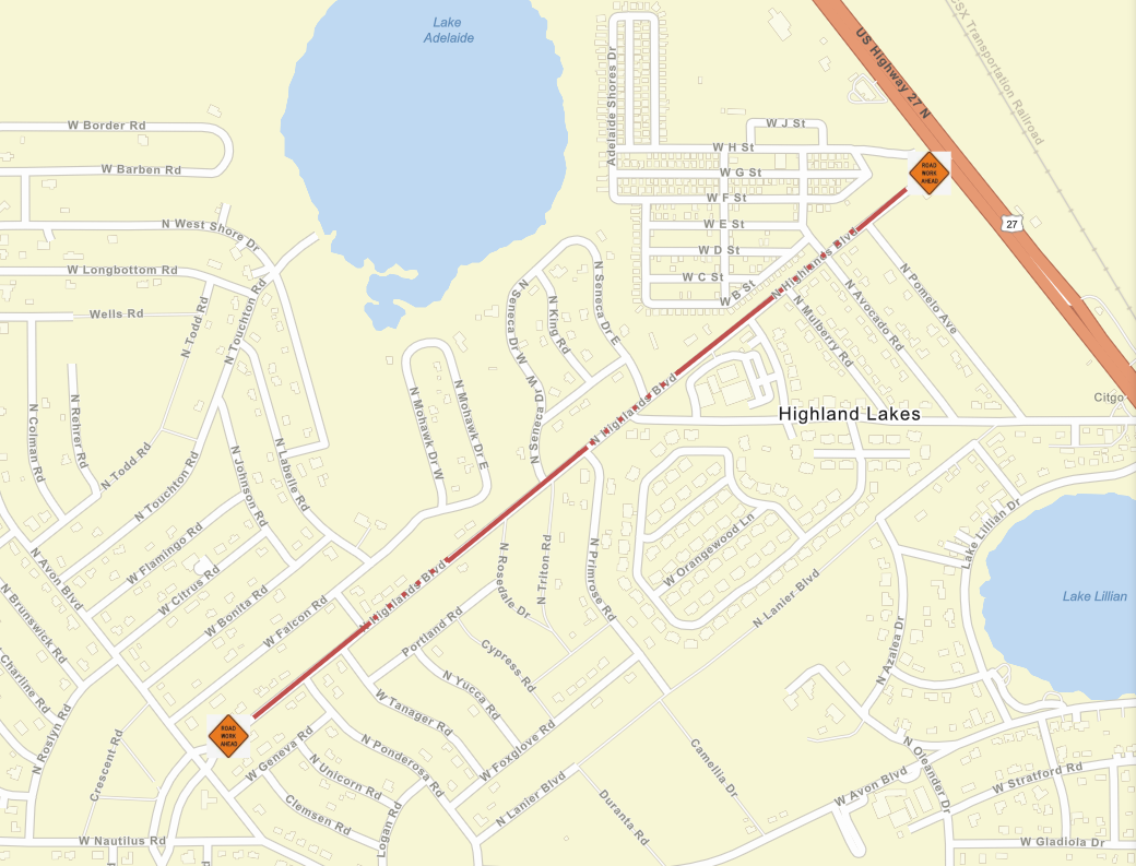 N Highlands Blvd in Avon Park - Road Work map.